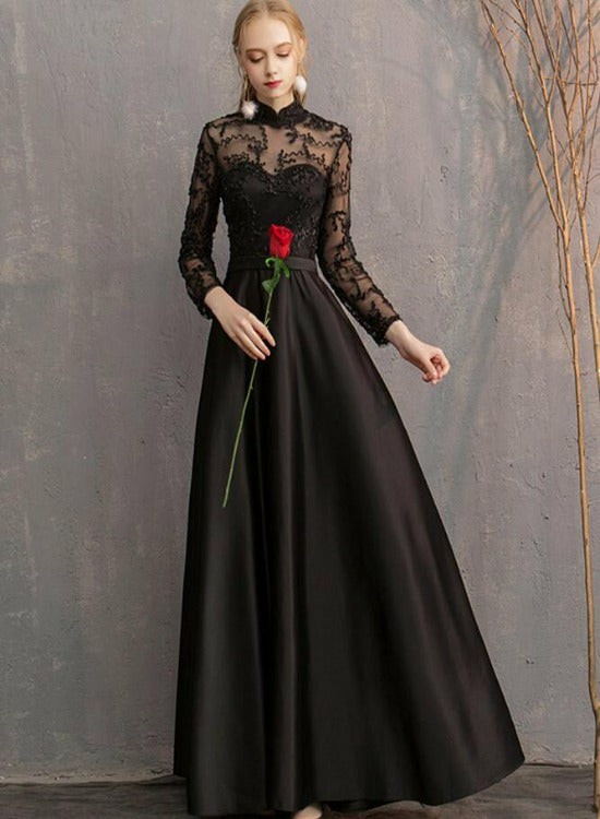 Black Color Satin and Lace Long Formal Dresses Party Dress, Black Color Evening Dress